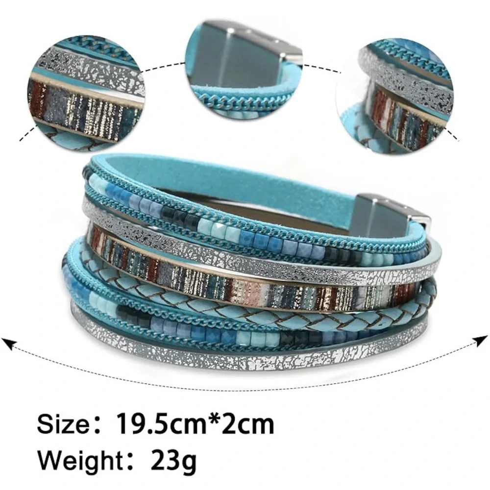 Boho Multi-Layer Leather Wrap Bracelet | Magnetic Clasp Stone